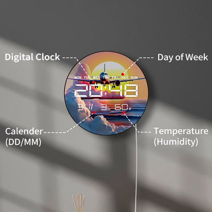 Airplane Take Off with Cloud at Sunset Auto Dimming LED Digital Wall Clock with Calendar Temperature 12/24hr Electric Wall Clock