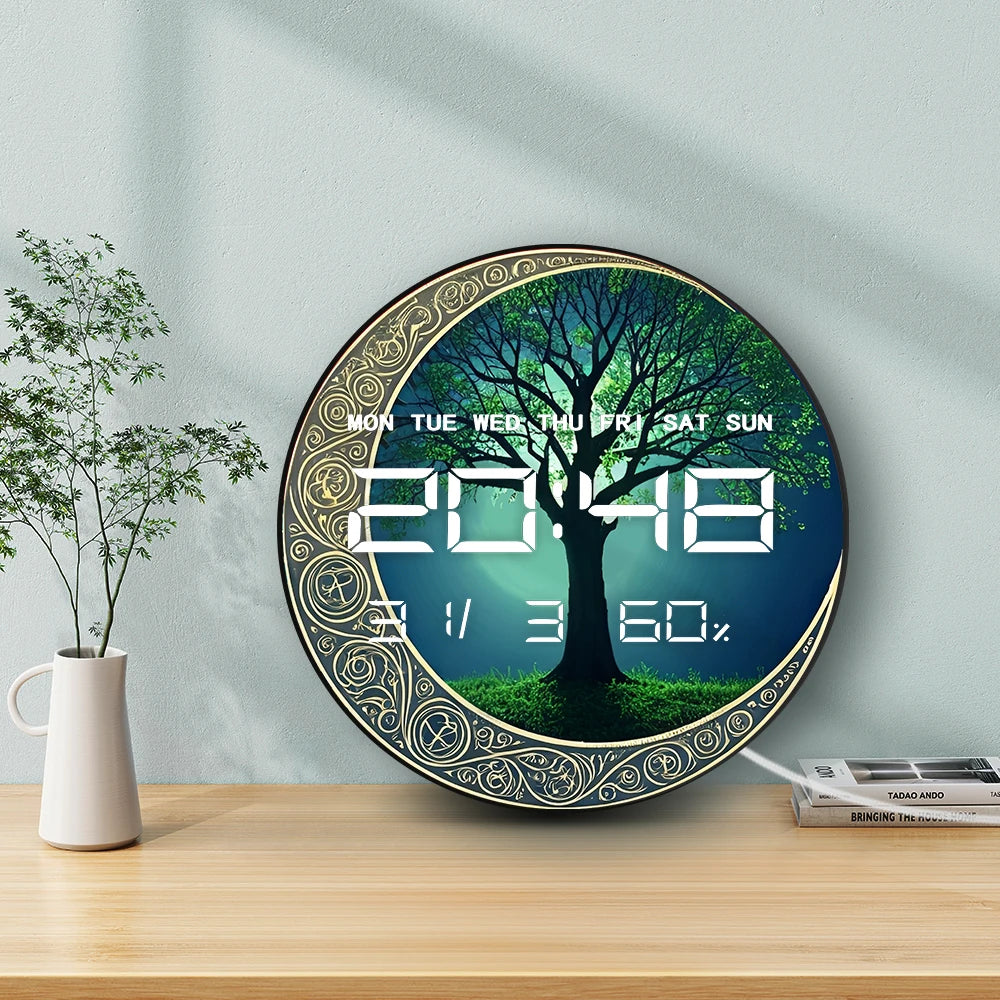 Wicca Symbol Moon Tree of Life LED Digital Wall Clock Magic Home Decor 12/24hour Timer Electronic Wall Clock with Calendar Date