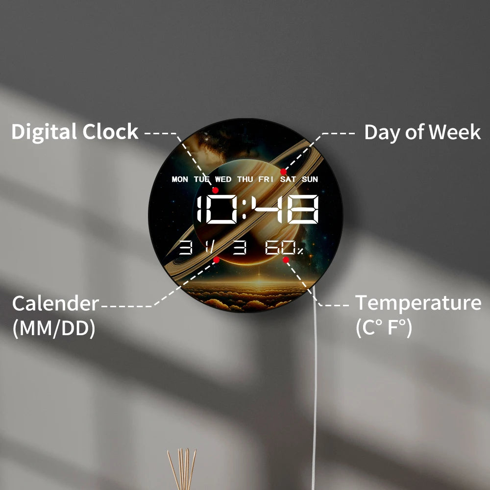 Planet Saturn with Rings Electric Numeric Wall Clock Starry Sky Astronomy Artwork Home Decor LED Auto Dimming Digital Wall Clock