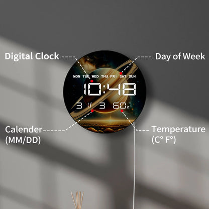 Planet Saturn with Rings Electric Numeric Wall Clock Starry Sky Astronomy Artwork Home Decor LED Auto Dimming Digital Wall Clock