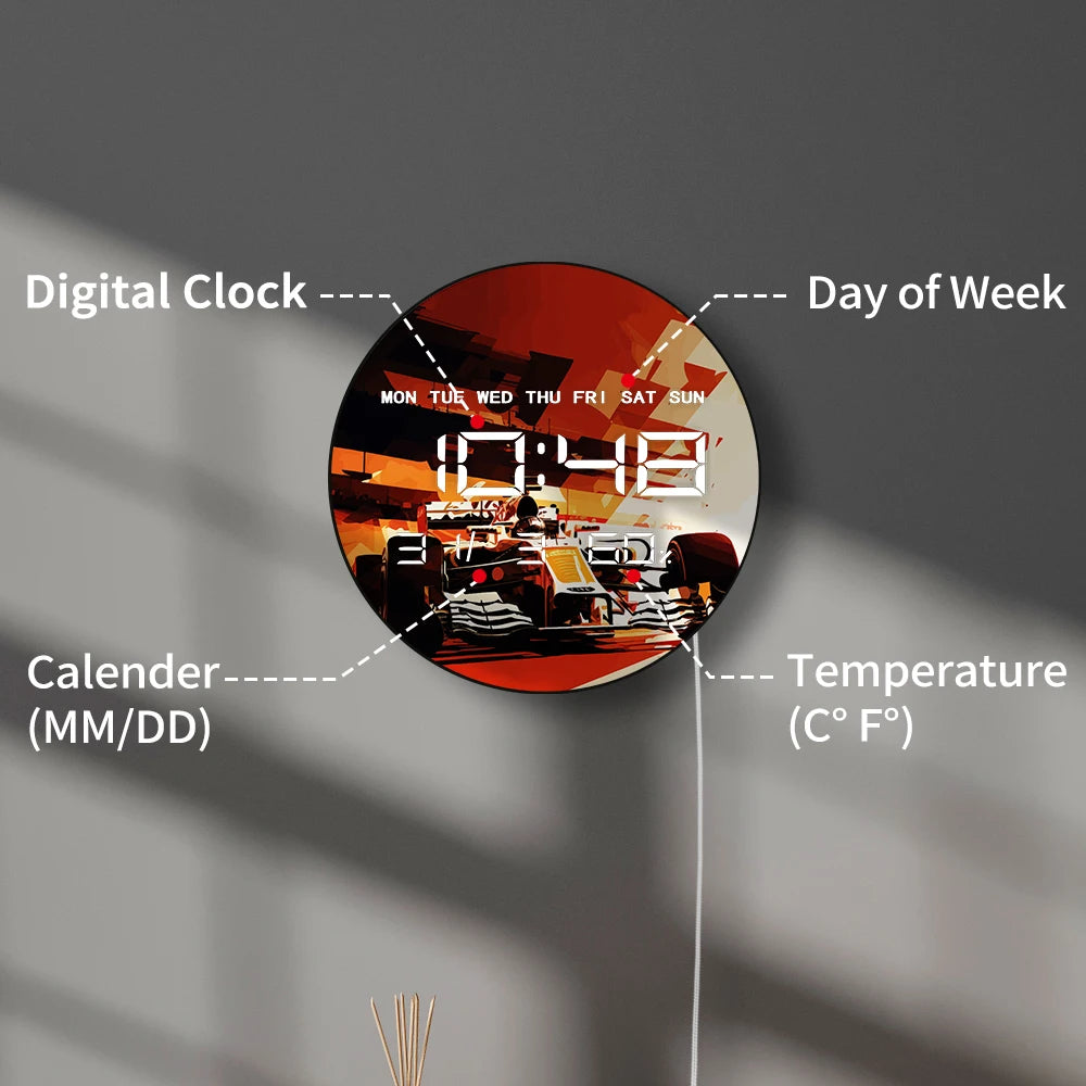 Motorsport Car Racing Big Digital Wall Clock Performance Car Electronic Wall Clock LED Display Calendar Temperature Auto Dimming