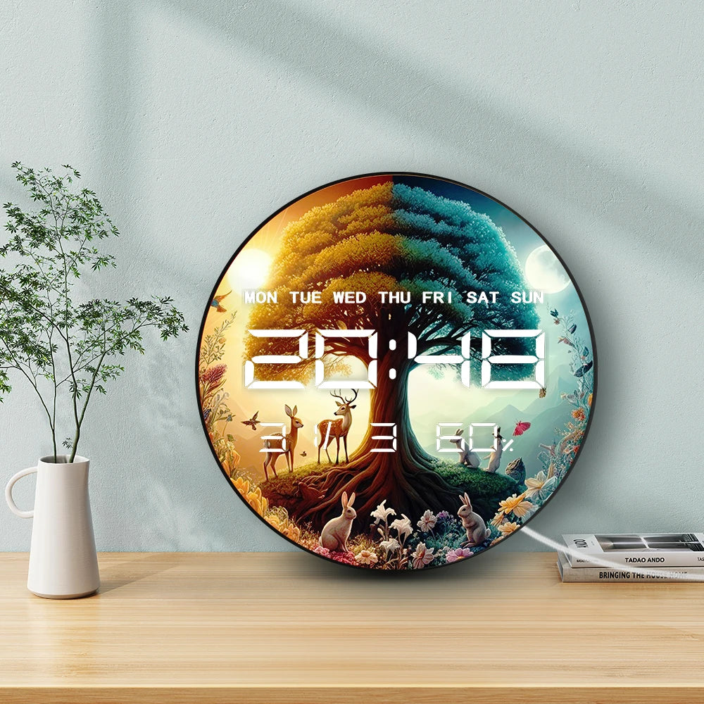 Circle of Life Aniamls Fairyland LED Digital Wall Clock with Calendar Temperature Auto Dimming 12/24hr Format Electronic Clock