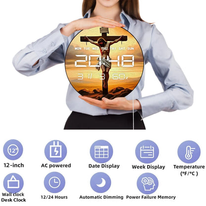Jesus on Cross in Galgultha 12/24 Hour Electronic Wall Clock Religious Christian Home Decor Auto Dimming LED Digital Clock Timer
