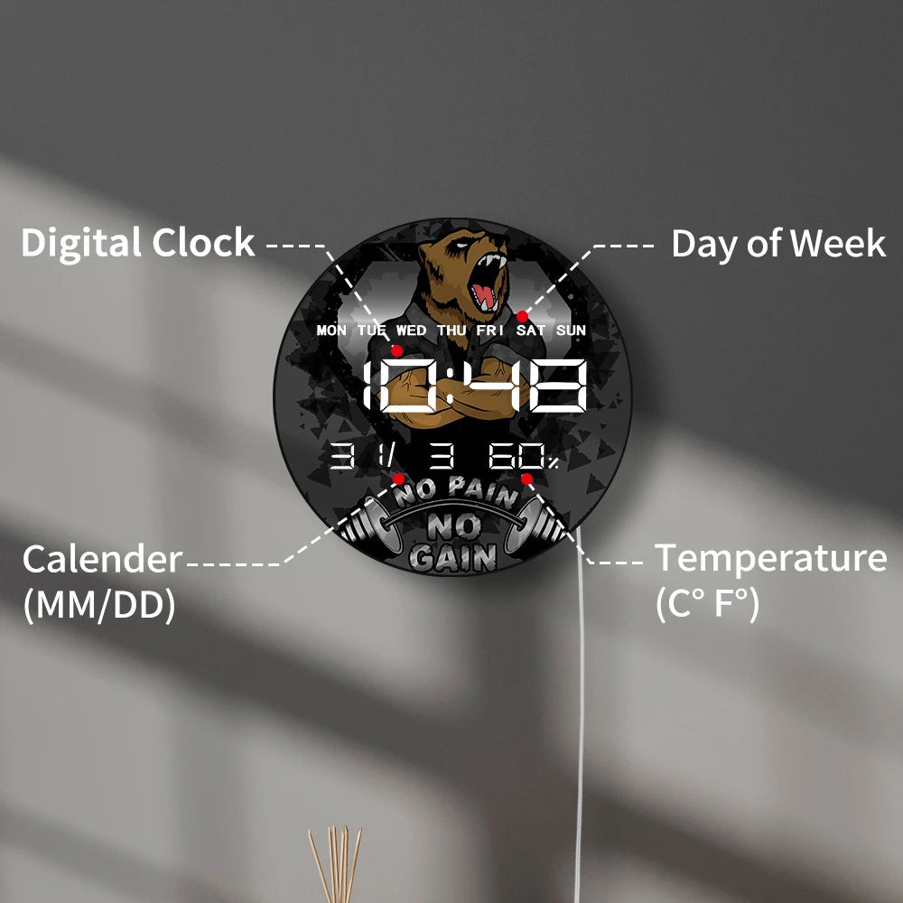 No Pain No Gain GYM LED Auto Dimming Wall Clock with Temperature Humidity Date Digital Calendar Large Display Electronic Clock