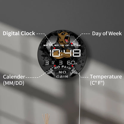 No Pain No Gain GYM LED Auto Dimming Wall Clock with Temperature Humidity Date Digital Calendar Large Display Electronic Clock