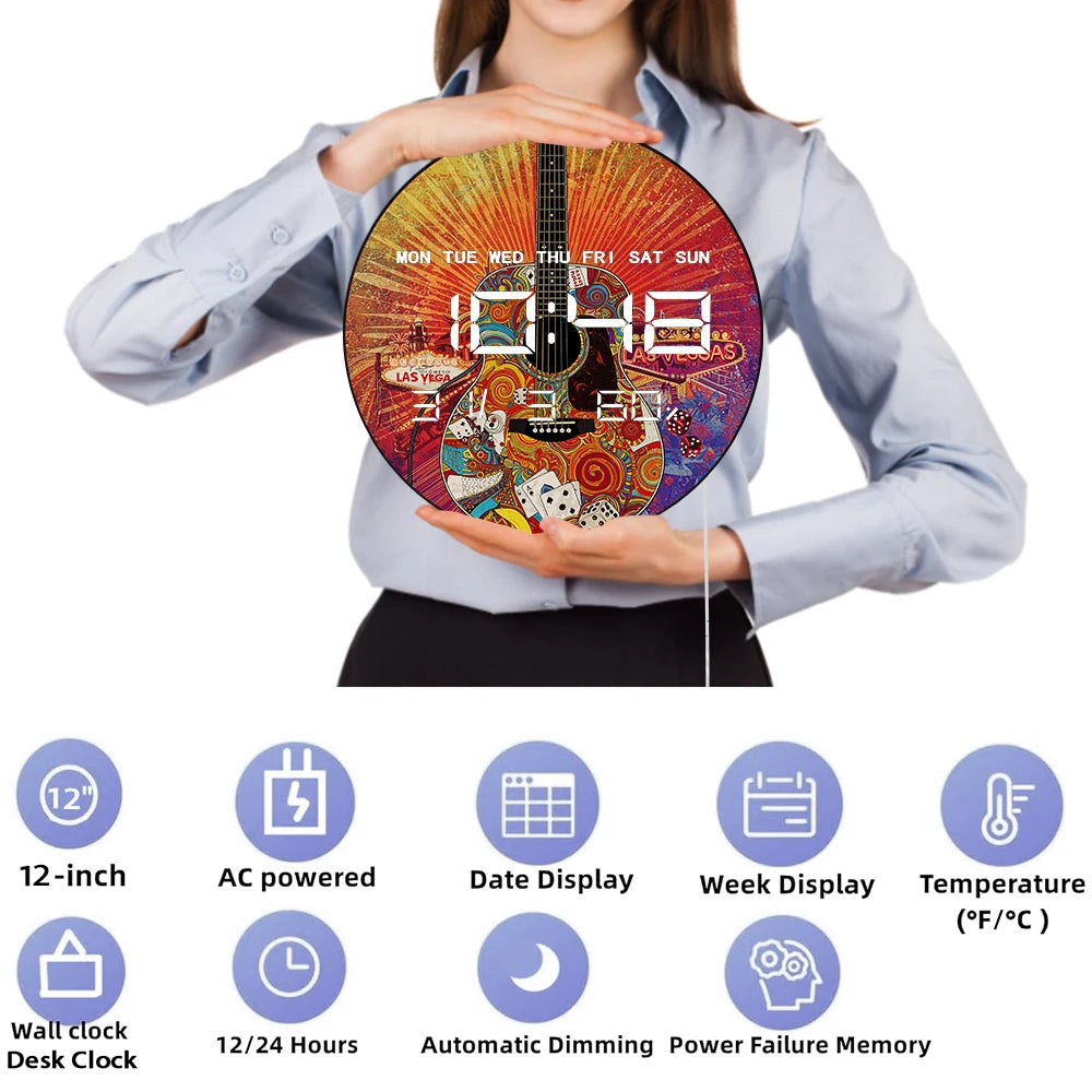 Las Vegas Psychedelic Acoustic Guitar Multifunctional LED Digital Wall Clock Big Display Auto Dimming Electronic Wall Desk Clock