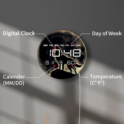 Howling Wolf Full Moon LED Auto-Dimming Digital Wall Clock For Man Cave Bedroom Wildlife Nature Artwork Electronic Wall Clock