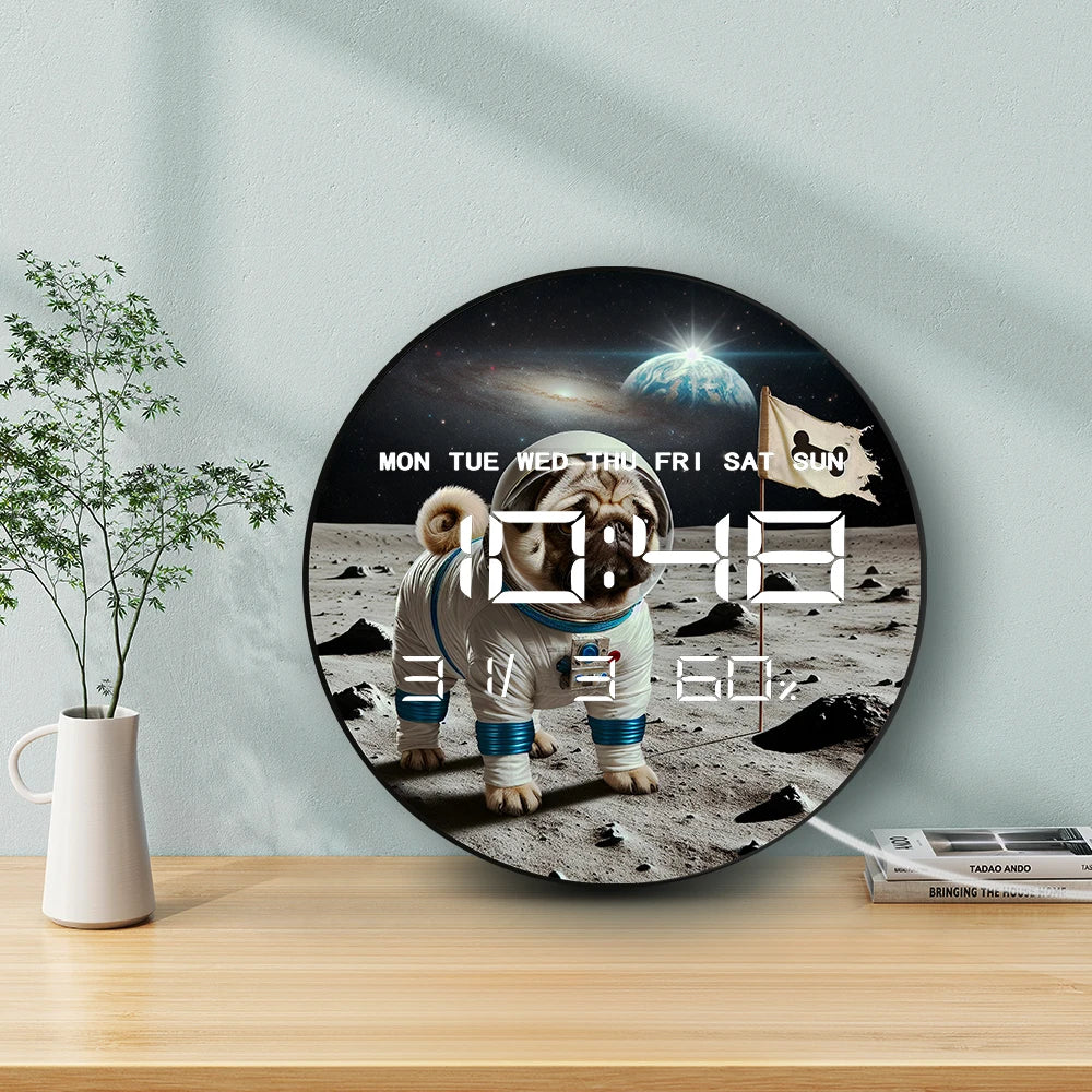 Pug Landing Moon Digital Wall Clock with LED Display Calendar Temperature Automatic Dimming 12/24hr Format Electronic Wall Clock