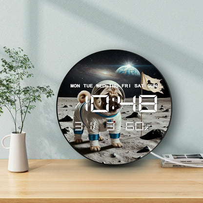 Pug Landing Moon Digital Wall Clock with LED Display Calendar Temperature Automatic Dimming 12/24hr Format Electronic Wall Clock