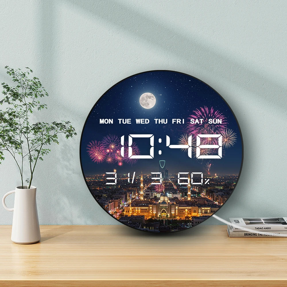 Riyadh Skyline with Full Moon Firework Modern Design LED Digital Wall Clock with Timer Date Temperature Eid Vibes Electric Clock