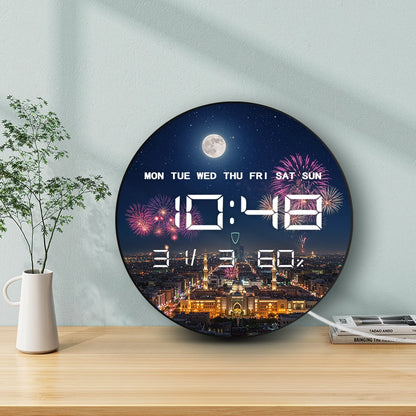Riyadh Skyline with Full Moon Firework Modern Design LED Digital Wall Clock with Timer Date Temperature Eid Vibes Electric Clock