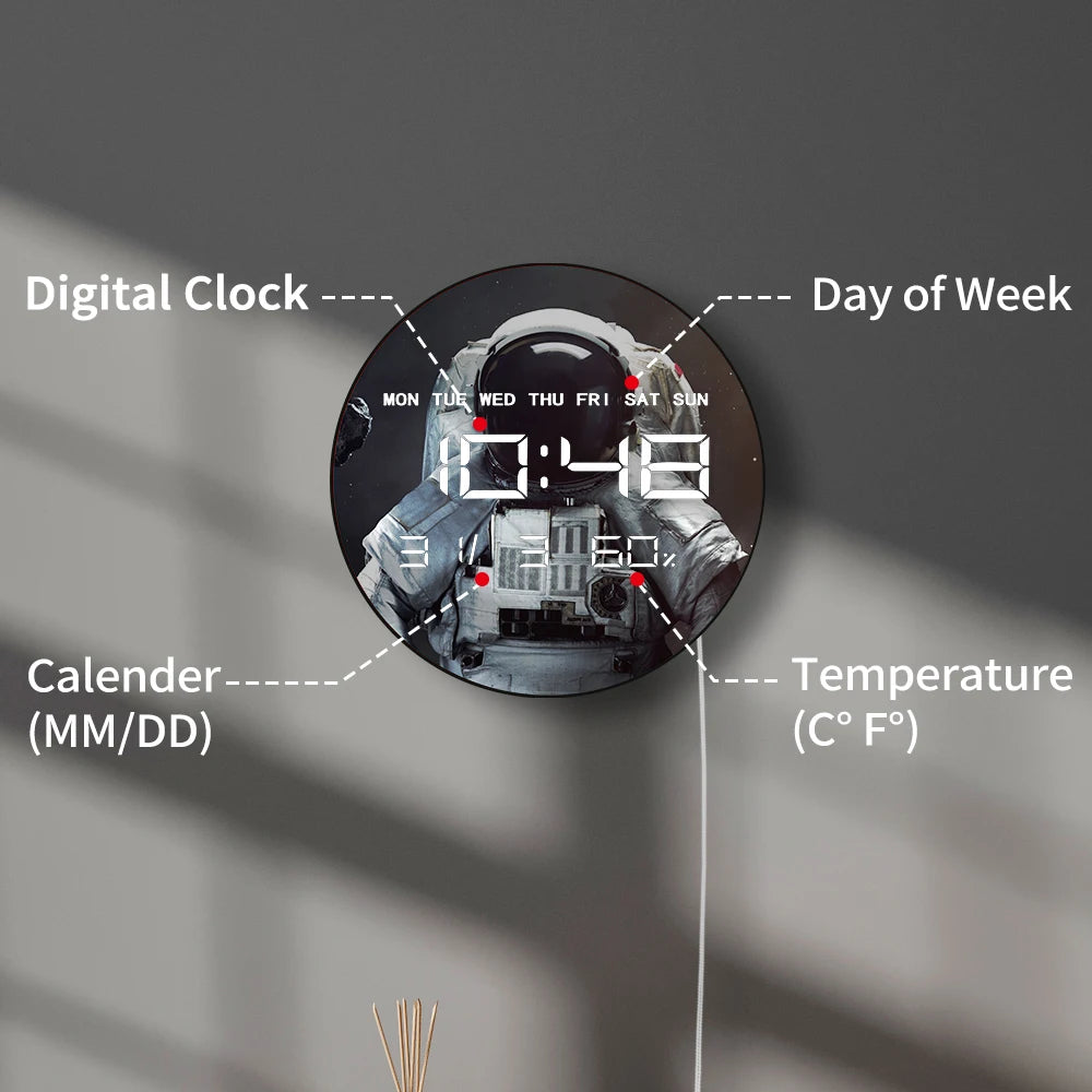 Astronaut in Space Digital Wall Clock with LED Display Calendar Temperature Automatic Dimming 12/24hr Format Electric Wall Clock