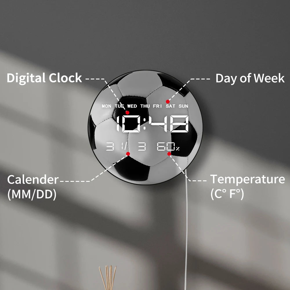 Football Ball Modern Design Electronic Wall Clock with Timer Date Temperature Display Soccer Sports Decor LED Digital Wall Clock
