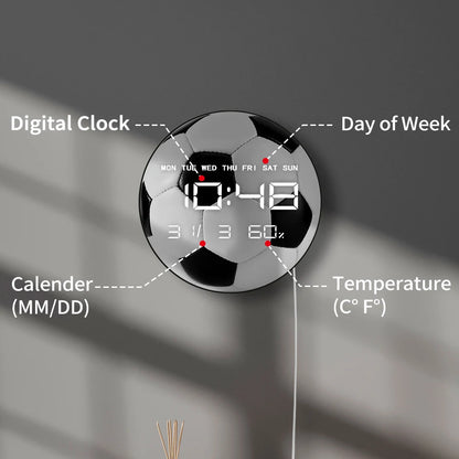 Football Ball Modern Design Electronic Wall Clock with Timer Date Temperature Display Soccer Sports Decor LED Digital Wall Clock