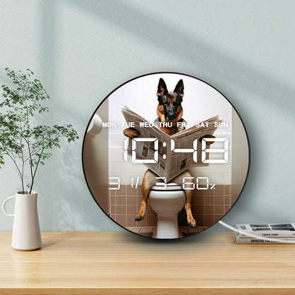 German Shepherd on Toilet Reading Newspaper LED Digital Wall Clock with Calendar Temperature Autom Dimming Electronic Wall Clock