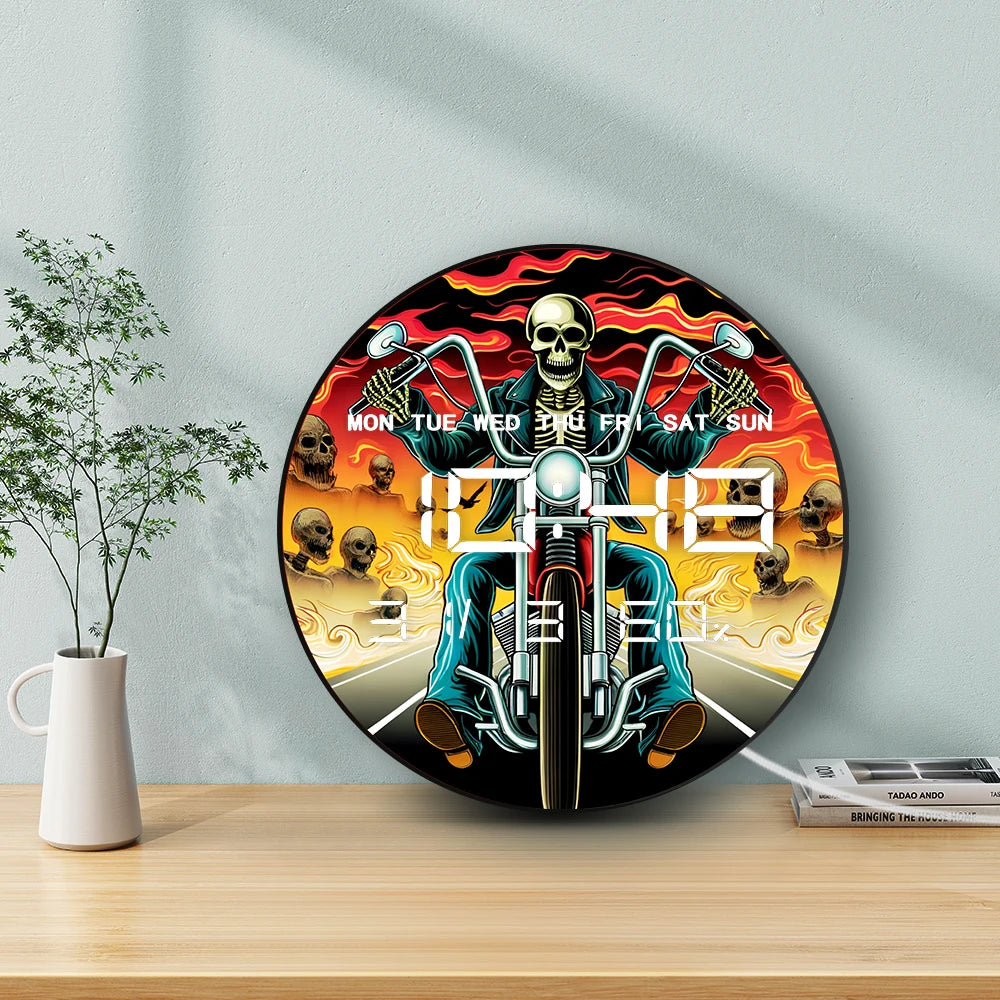 Motorcycle Rider Skull Biker Smart Dimming LED Digital Wall Clock 12/24hour Timer Electric Clock with Calendar Date Temperature