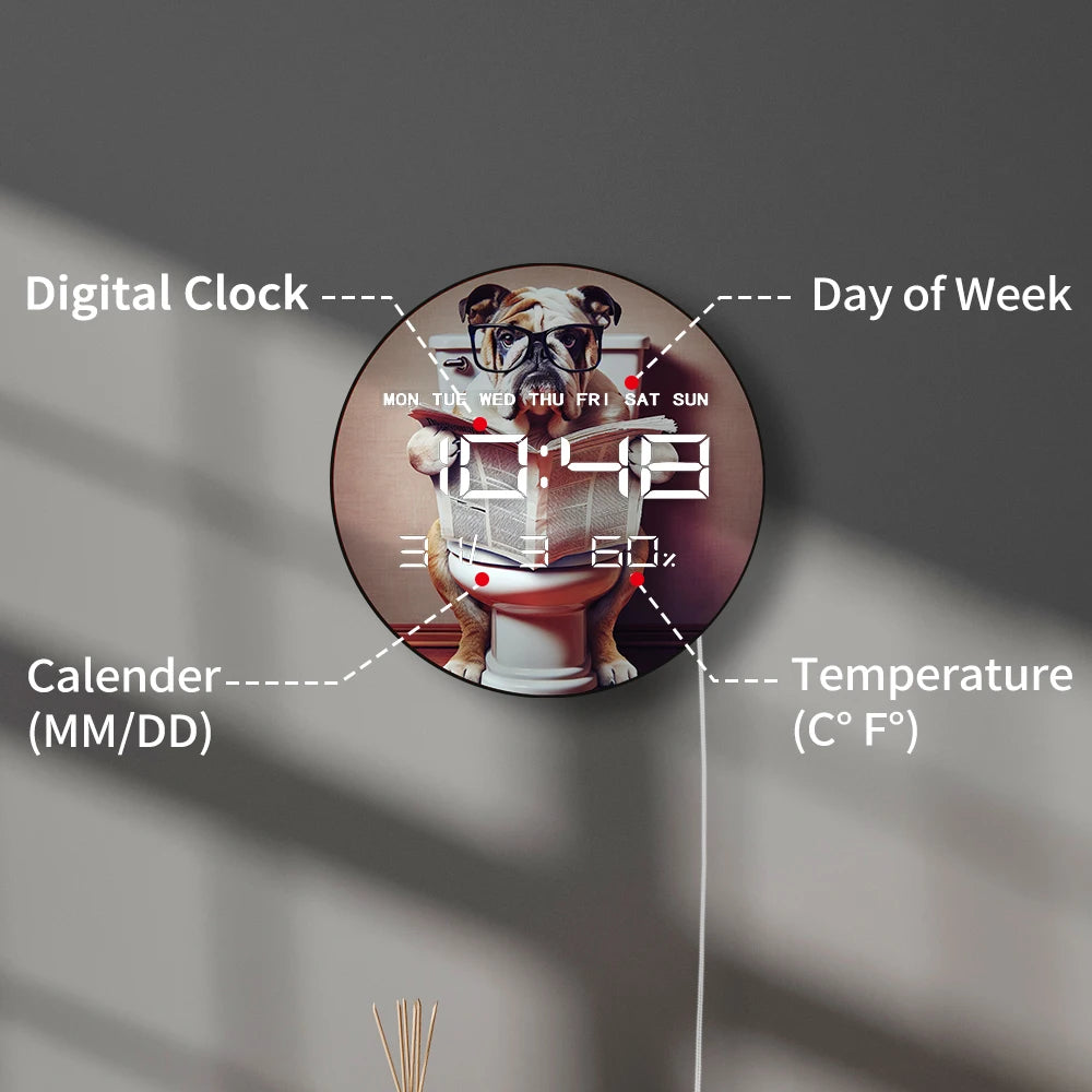 English Bulldog Reading Newspaper On Toilet Electric Wall Clock with Jumbo Numbers Multifunctional LED Digital Wall Clock Timer