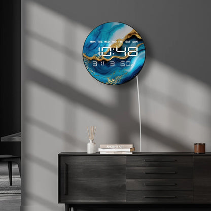 Luxury Marble Blue Paint Printed LED Digital Wall Clock Abstract Art Home Decor Watch Electronic Wall Clock Large Number Display