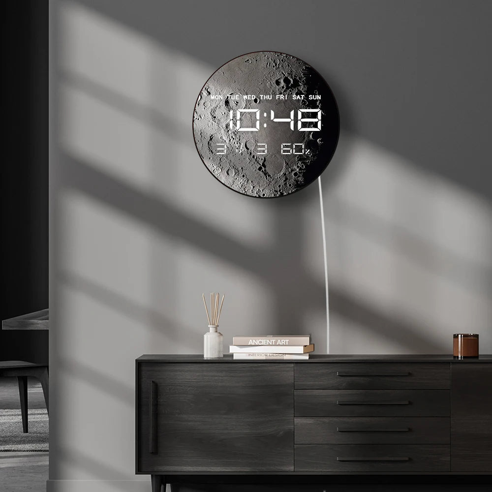Moon Surface Planet LED Digital Wall Clock with Calendar Date Temperature Auto Dimming 12/24hour Format Electronic Wall Clock
