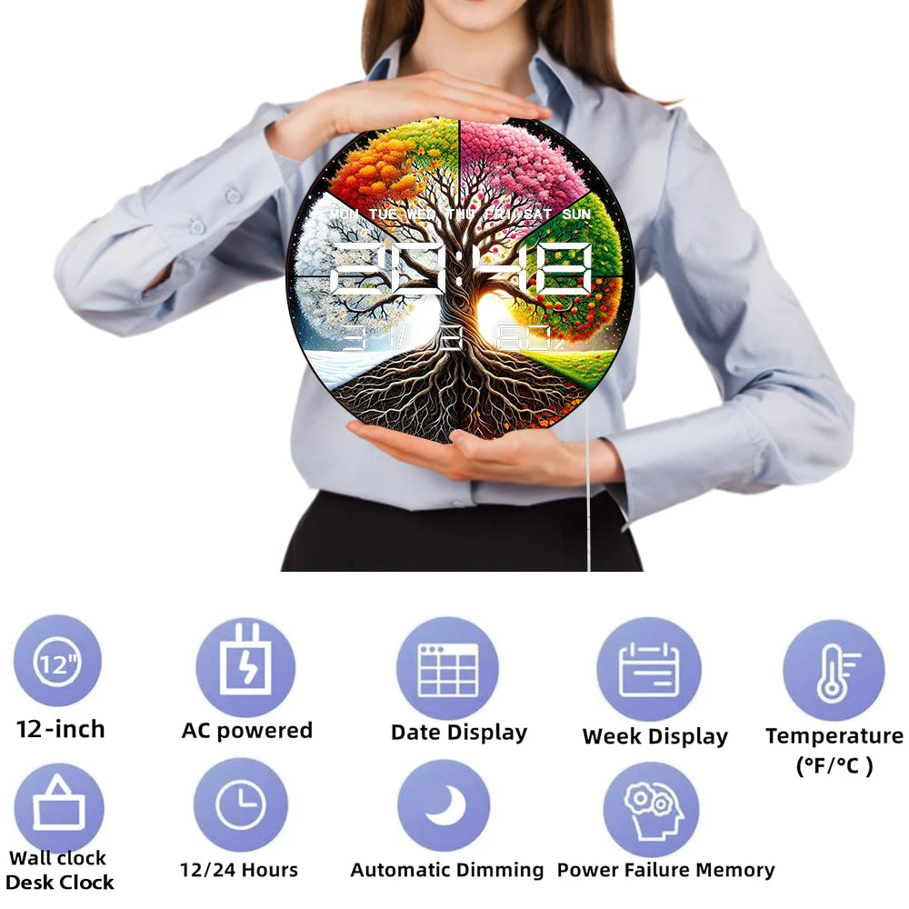 Four Seasons Tree of Life Multifunctional LED Digital Wall Clock Electronic Wall Clock with Calendar Date Humidity Temperature