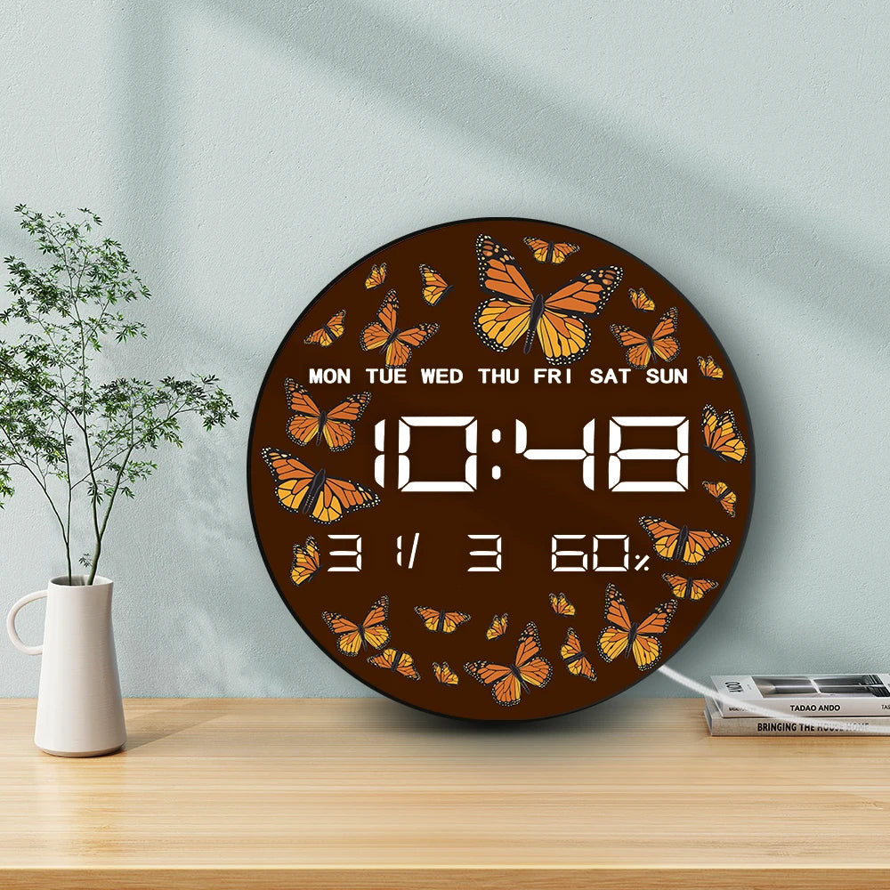 Monarch Butterflies Electronic Wall Clock Entomology Nature Insect LED Digital Wall Clock with Timer Date Temperature Calendar