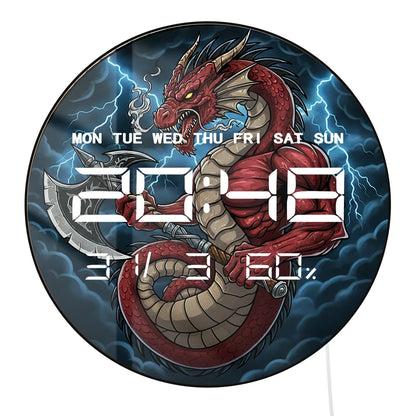 Evel Dragon Holding Axe 12/24hour Electronic Wall Clock Fantasy Home Decor LED Digital Wall Clock with Calendar Date Temperature