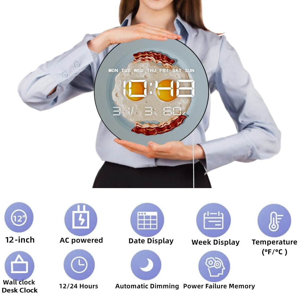 Scrambled Egg Bacon Breakfast LED Digital Wall Clock For Home Kitchen Dinning Room Unique Foodie Wall Art Electric Numeric Clock