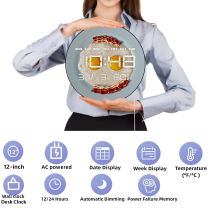 Scrambled Egg Bacon Breakfast LED Digital Wall Clock For Home Kitchen Dinning Room Unique Foodie Wall Art Electric Numeric Clock