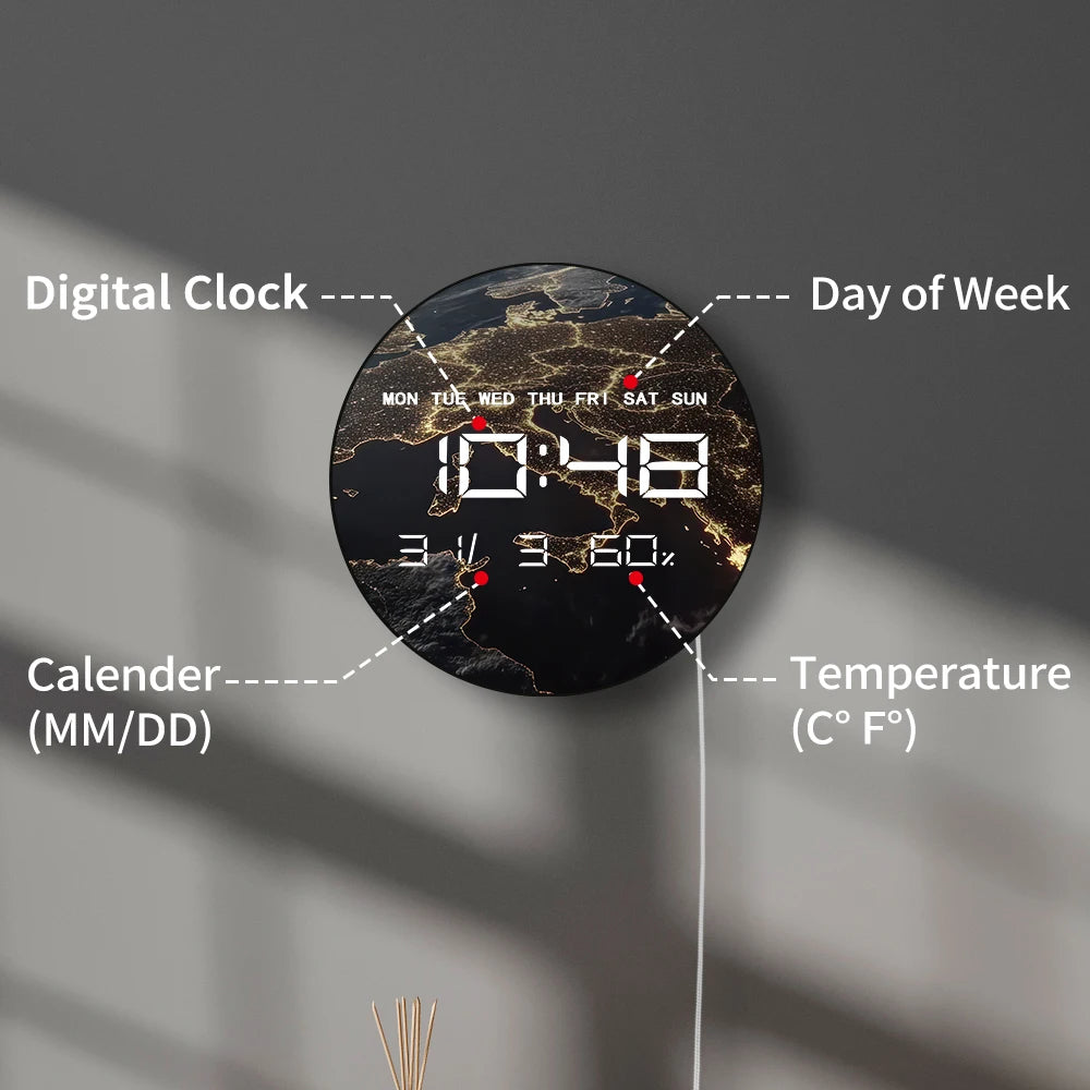 Space View Of Earth At Night LED Digital Wall Clock with Calendar Temperature Auto Dimming 12/24hr Format Electronic Wall Clock