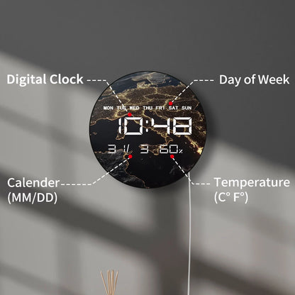 Space View Of Earth At Night LED Digital Wall Clock with Calendar Temperature Auto Dimming 12/24hr Format Electronic Wall Clock