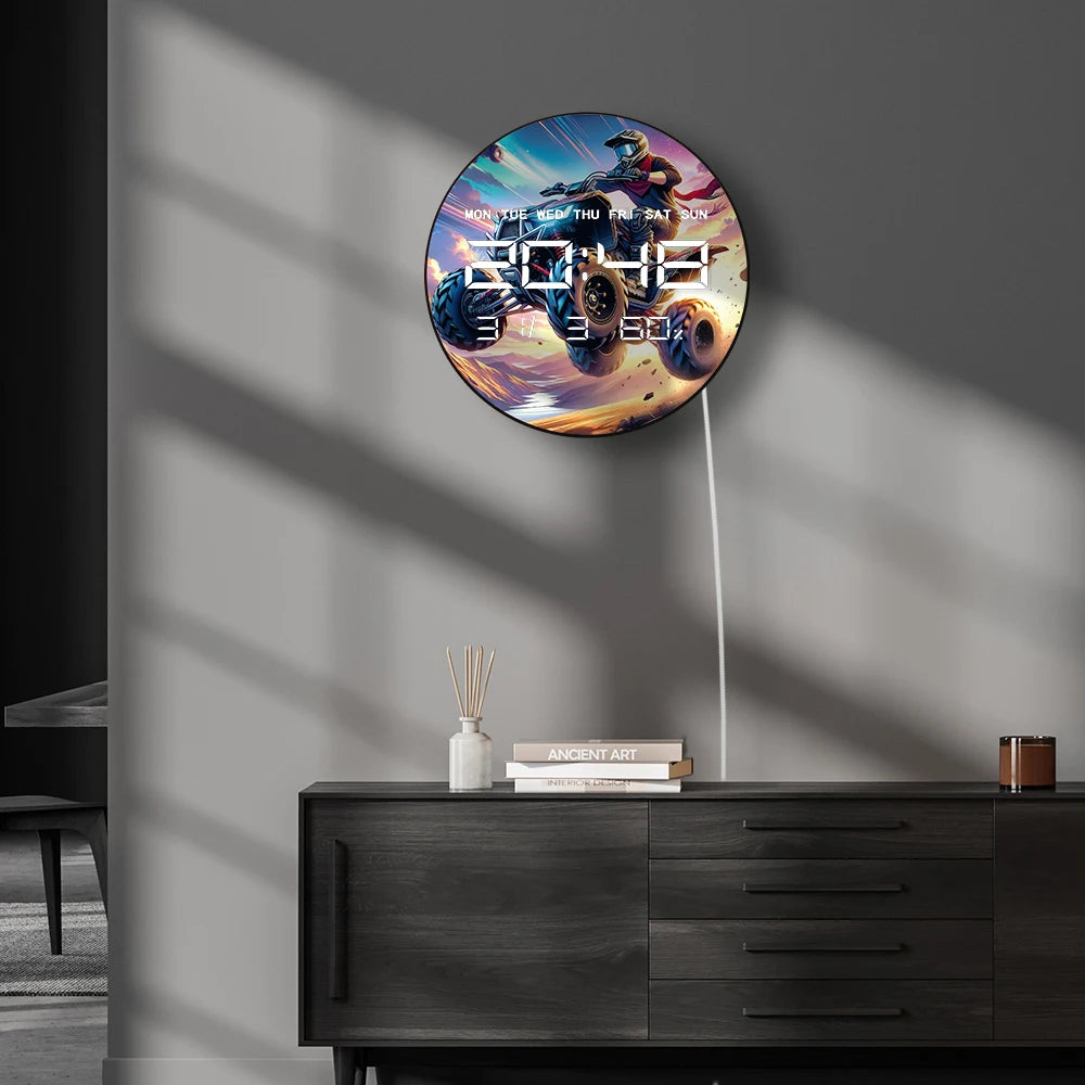 Anime ATV Jump LED Digital Wall Clock Extreme Quad Bike Off-Road 12/24hr Format Electric Clock 12/24hr Timer with Calendar Date
