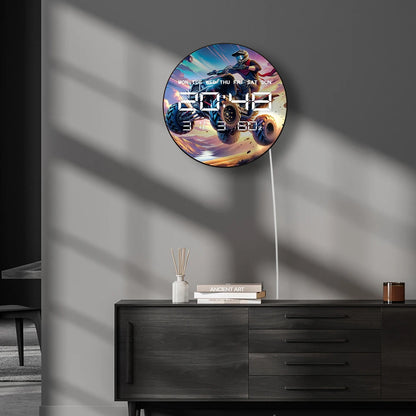 Anime ATV Jump LED Digital Wall Clock Extreme Quad Bike Off-Road 12/24hr Format Electric Clock 12/24hr Timer with Calendar Date