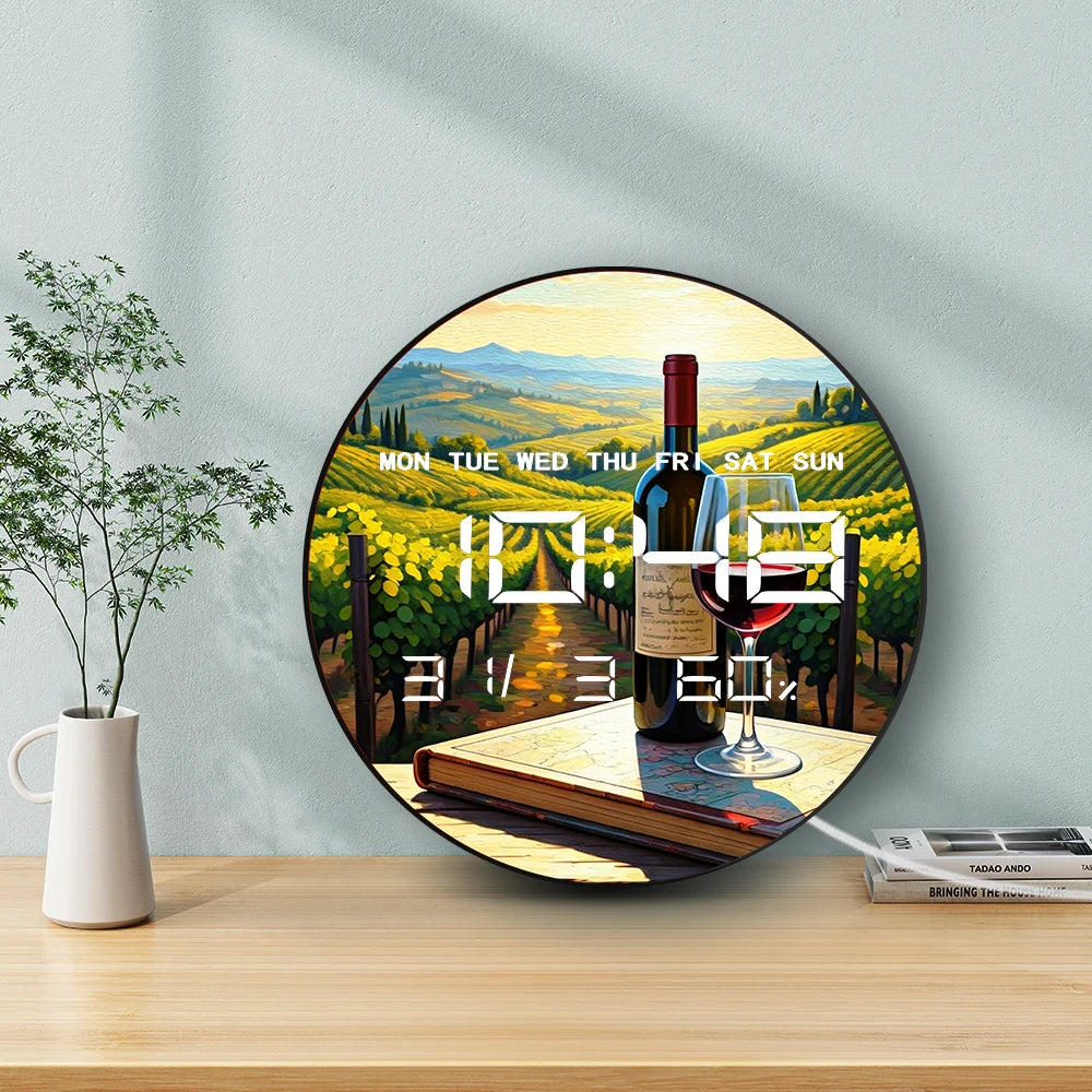 Grape Wine Vineyard Landscape Dual Purpose LED Digital Clock Wall Desk Use Electronic Wall Clock with Calendar Date Temperature