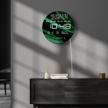 Saudi Arabia Country Flag Digital Wall Clock with Timer Date Temperature Display Saudi Pride Patriotic Green Electric Wall Clock