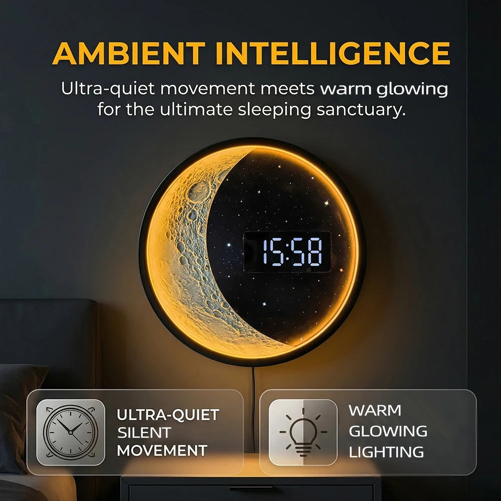 Moon Phase Metal Frame Wall Clock LED Digital Time Display Gentle Glow Resin Lunar Texture Space Home Decor Electric Wall Clock