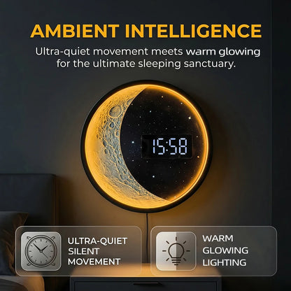 Moon Phase Metal Frame Wall Clock LED Digital Time Display Gentle Glow Resin Lunar Texture Space Home Decor Electric Wall Clock